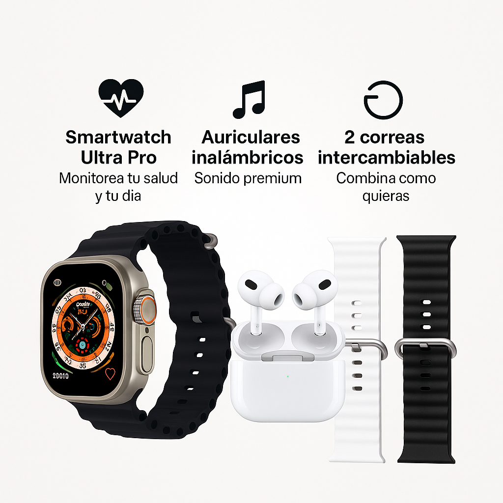 Liquidación por Cierre: Pack Ultra Pro: Smartwatch + 2 Correas + Auriculares Premium Gratis